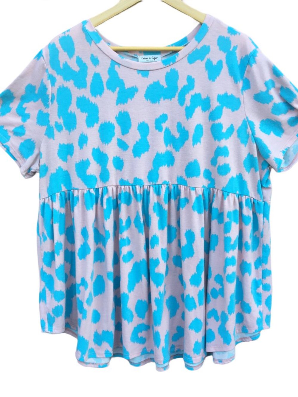 Cream n Sugar Babydoll Top Womens Size 3X Pink Turquoise Leopard Print Flowy